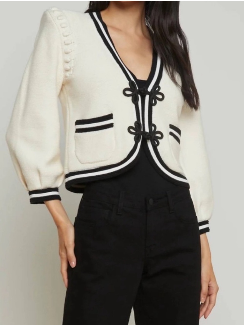 L'AGENCE Cream V-Neck Cropped Cardigan with Black Trim